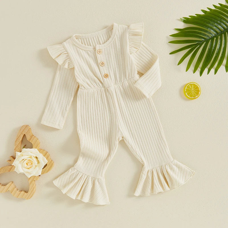 Girls Fall Ribbed Flare Jumpsuits