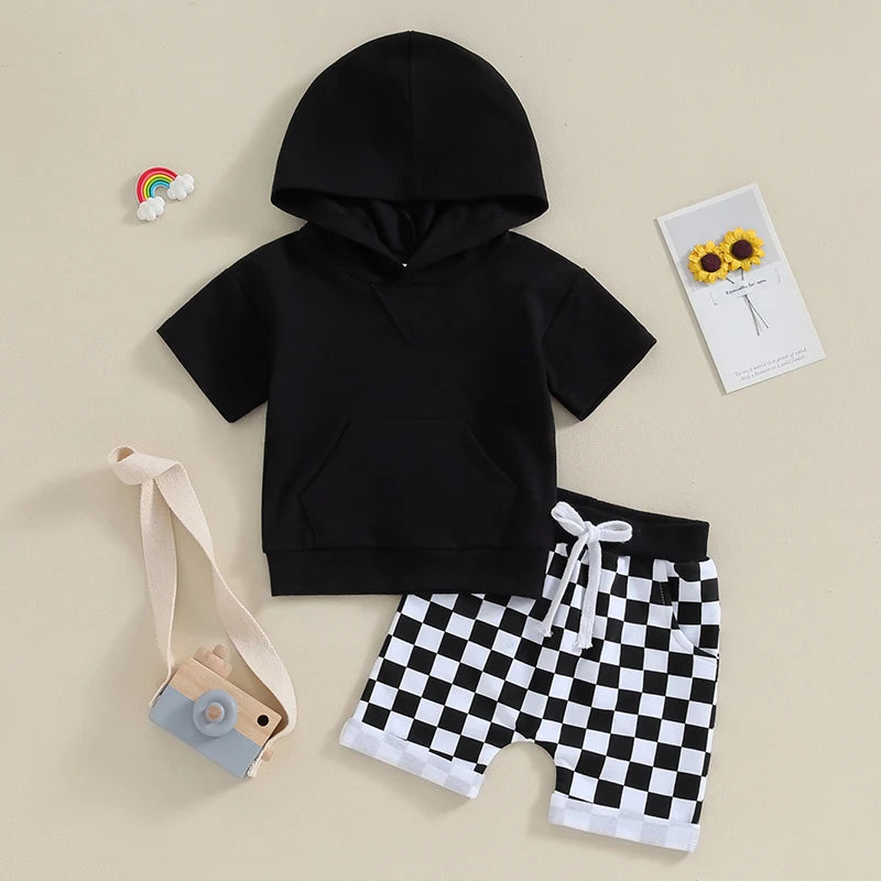 Boys Short Sleeve Hoodie Checkered Short Set