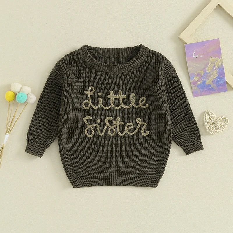 Girls Embroidered Little Sister Script Knit Sweater