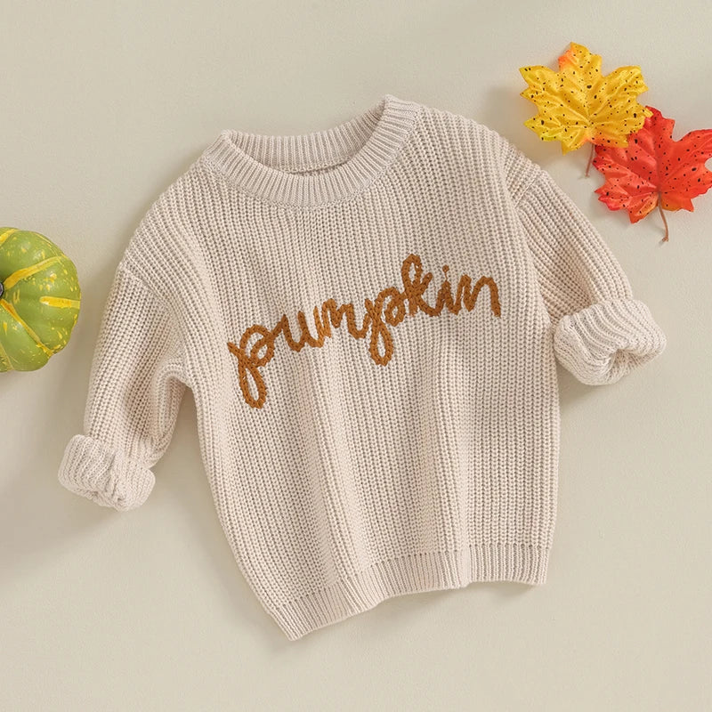 Solid Embroidered Pumpkin Script Knit Sweater, Unisex