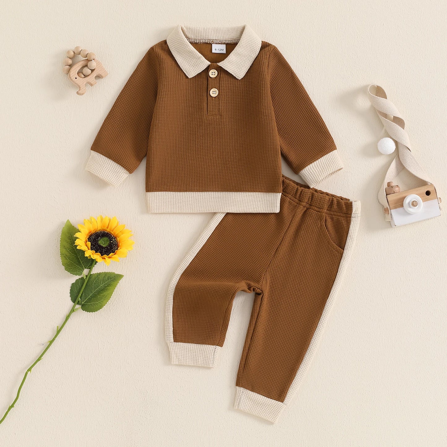 Boys Waffle Knit Collared Top Pant Set