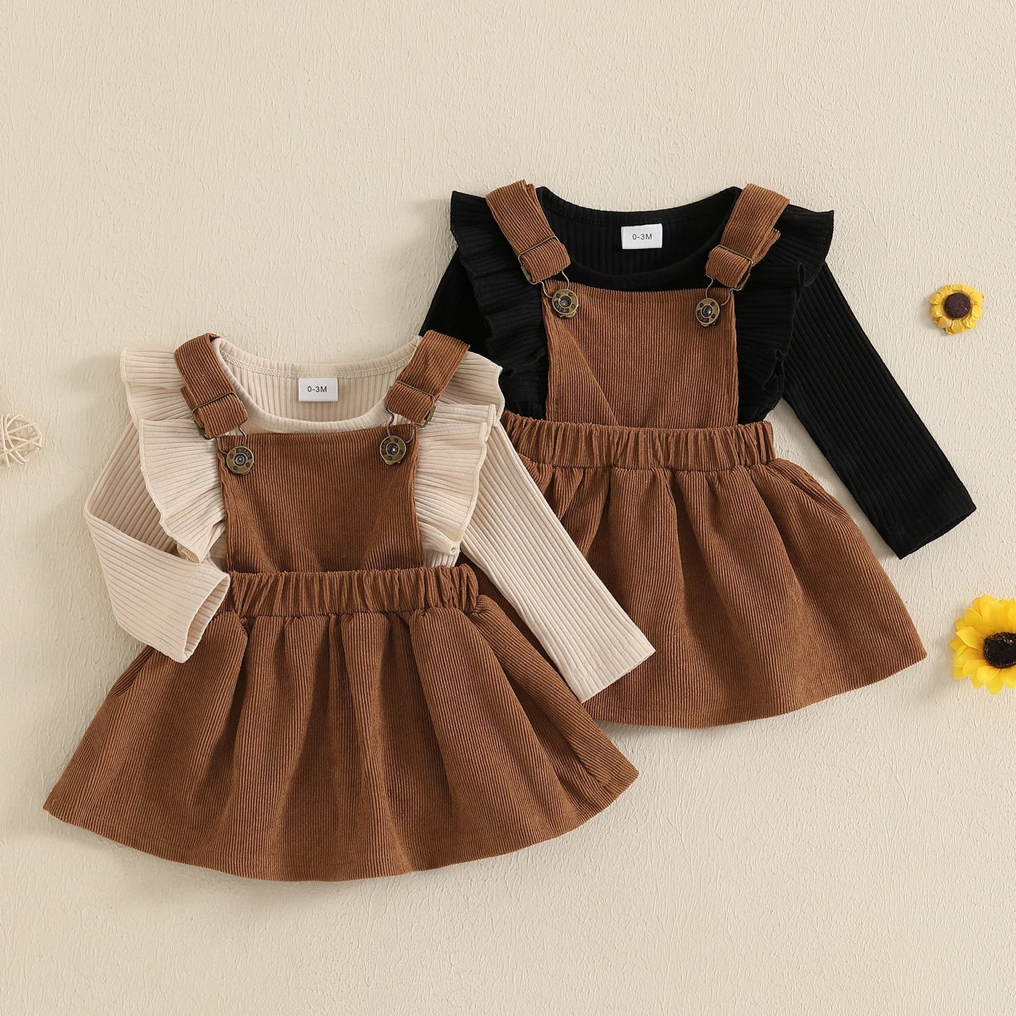 Girls Ribbed Ruffle Top Corduroy Suspender Dress Set