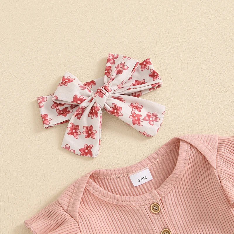 Girls Ribbed Ruffle Shoulder Top Floral Flare Pant Bow Set