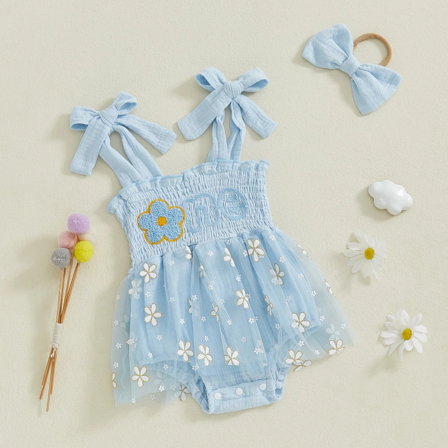 Girls "One" First Birthday Dress Bow Set