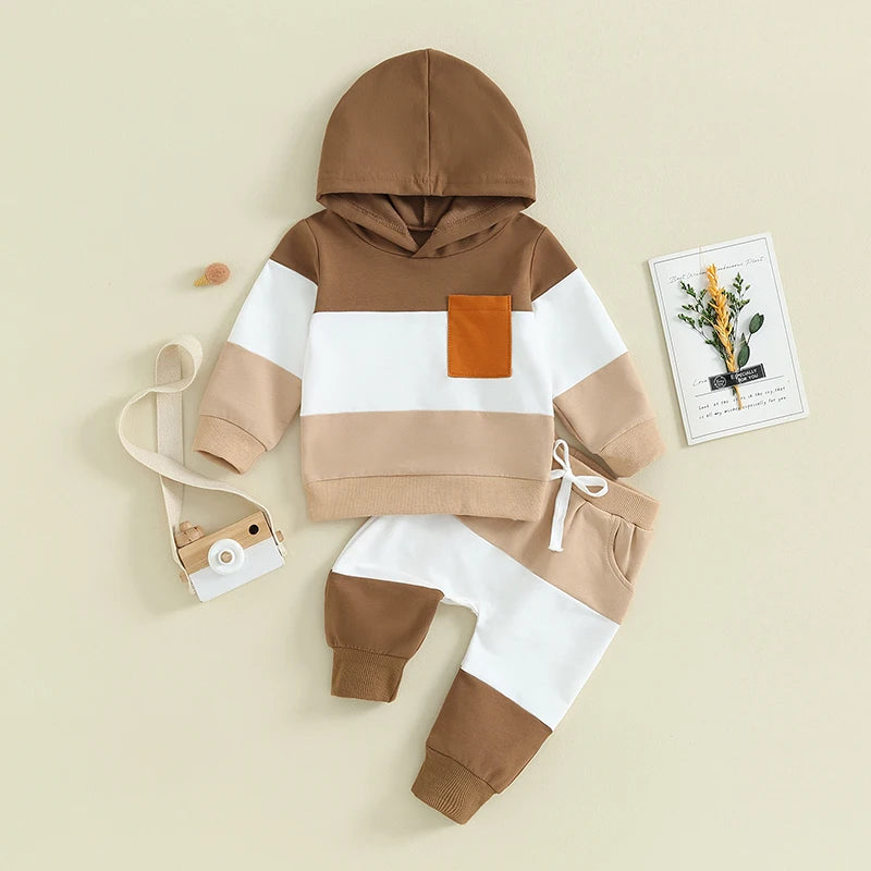 Boys Contrast Color Pocket Hoodie Pant Set