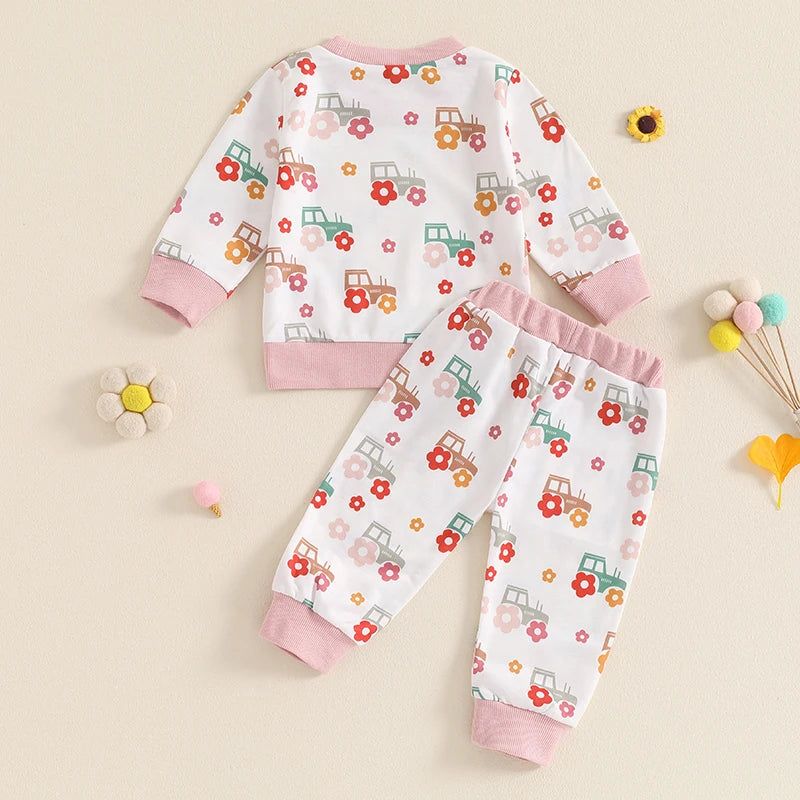 Girls Floral Tractor Print Top Pant Set