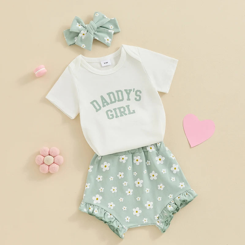 Girls Daddy's Girl Print Onesie Floral Short Bow Set