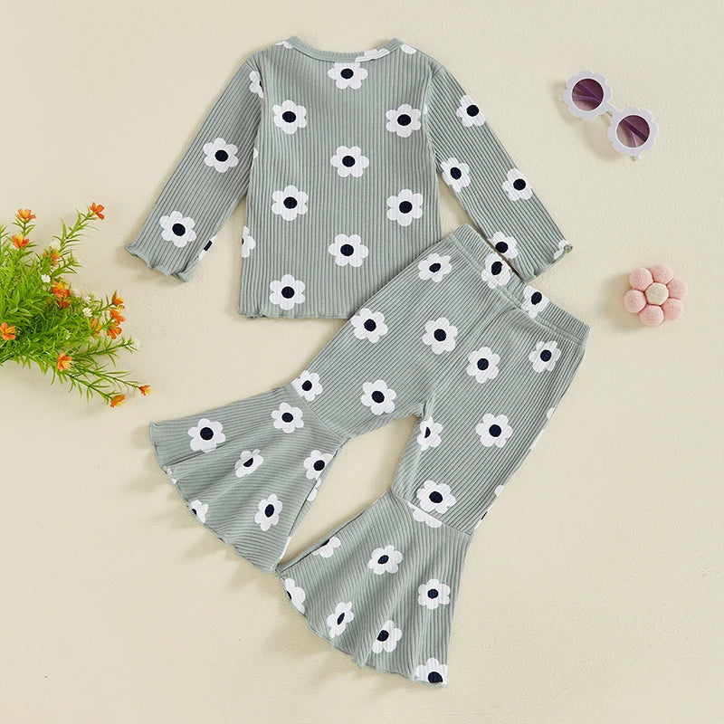 Girls Ribbed Flower Top and Flare Pant Set
