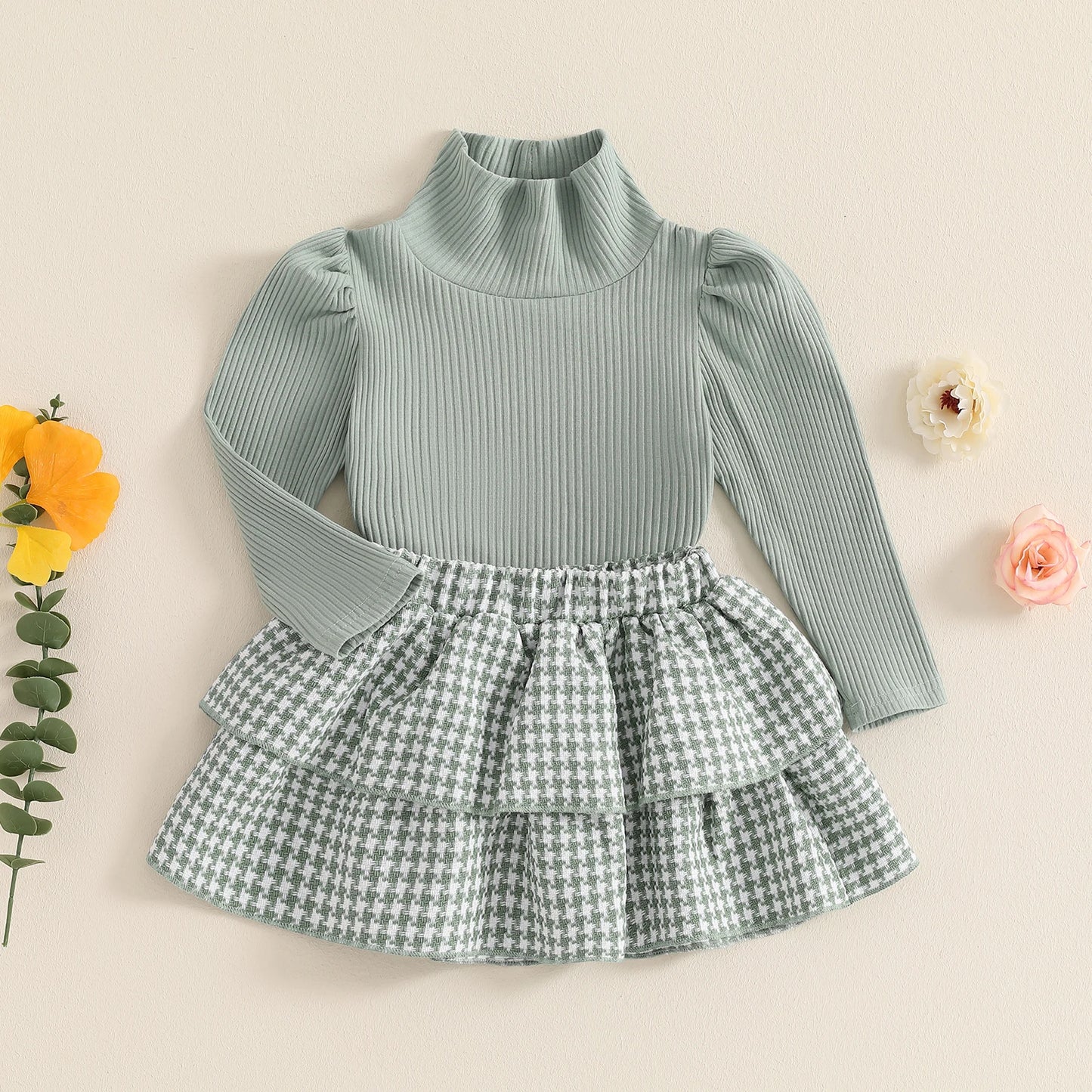 Girls Ribbed Turtleneck Top Houndstooth Layered Skirt Set