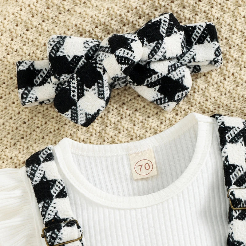 Girls Ruffled Romper, Houndstooth/Plaid Skirt, Bow Set