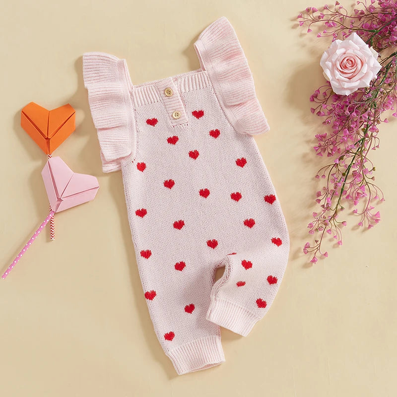 Girls Ruffle Sleeve Heart Knit Romper