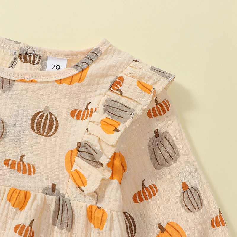 Girls Pumpkin Print Ruffled Shoulder Bubble Bow Set