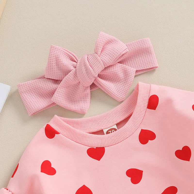 Girls Ruffle Heart Print Bubble Bow Set