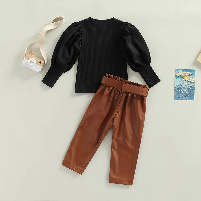 Girls Puff Sleeve Ribbed Tops Faux Leather Pants and Belt Set