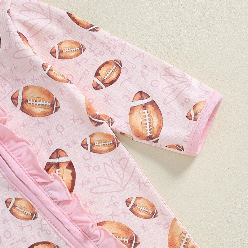 Baby Girls Football Print Footie Zip Pajama Bow Set