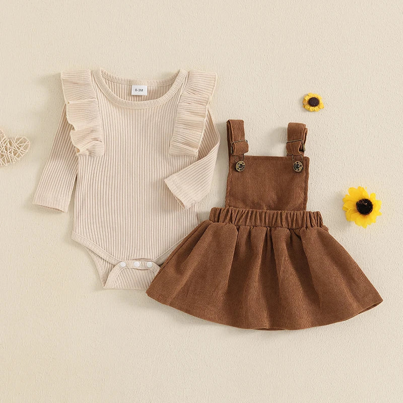 Girls Ribbed Ruffle Top Corduroy Suspender Dress Set