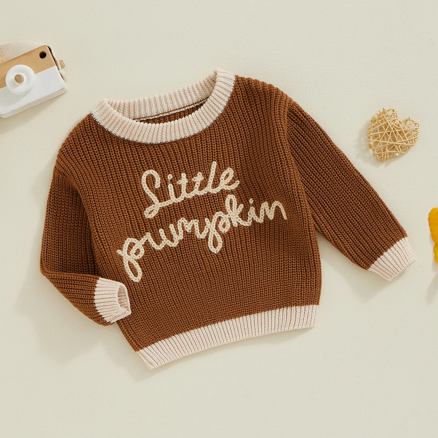 Little Pumpkin Embroidered Script Contrast Knit Sweater, Unisex