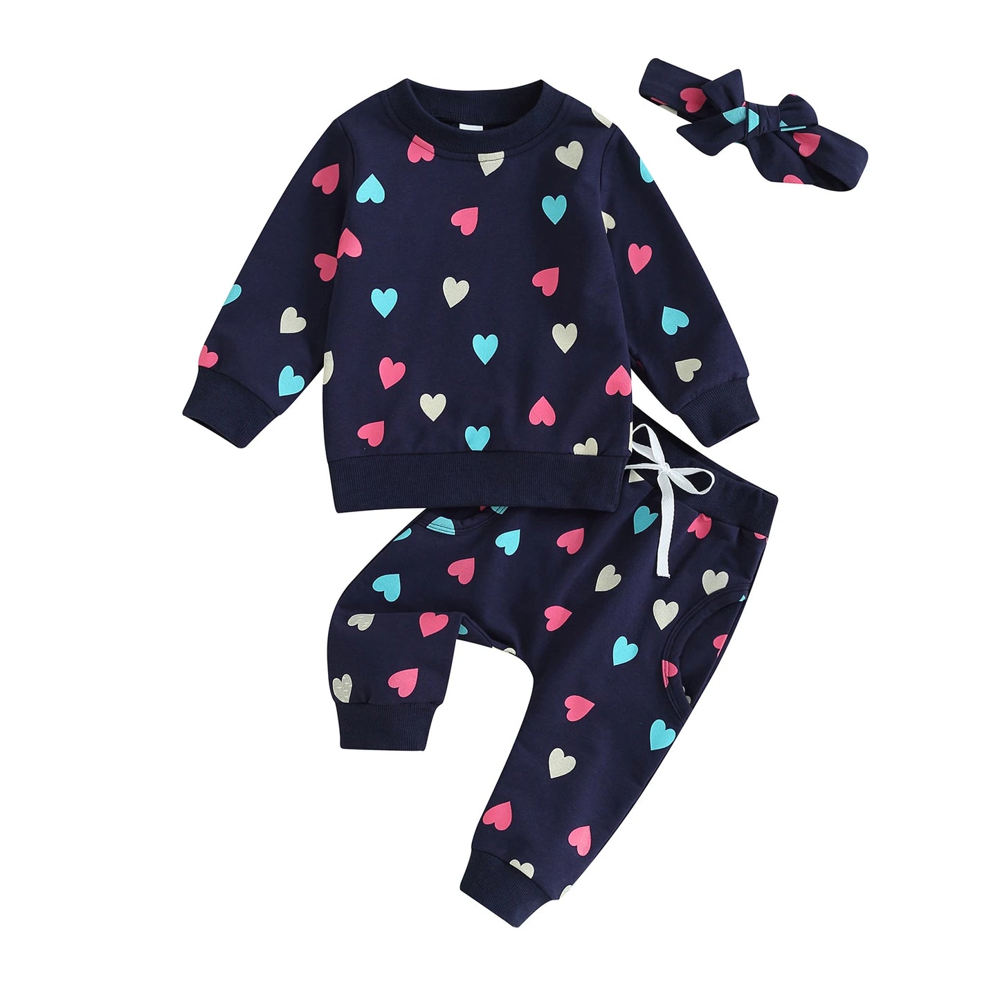 Girls Heart Print Sweatshirt Pant Bow Set