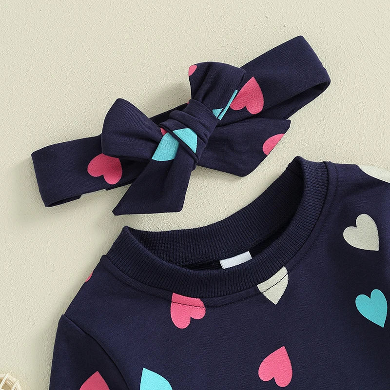 Girls Heart Print Sweatshirt Pant Bow Set