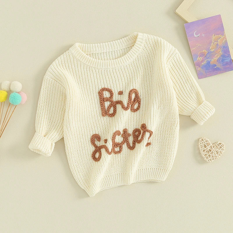 Girls Embroidered Big Sister Script Knit Sweater