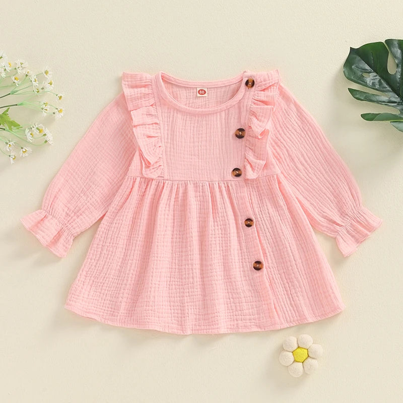 Girls Ruffle Shoulder Button Dress