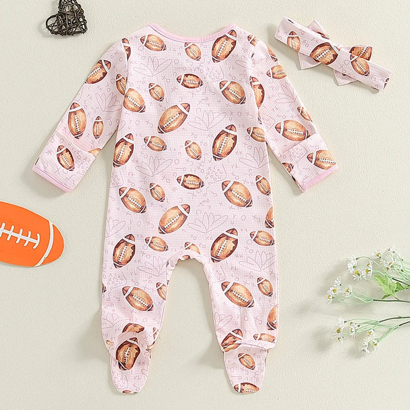Baby Girls Football Print Footie Zip Pajama Bow Set