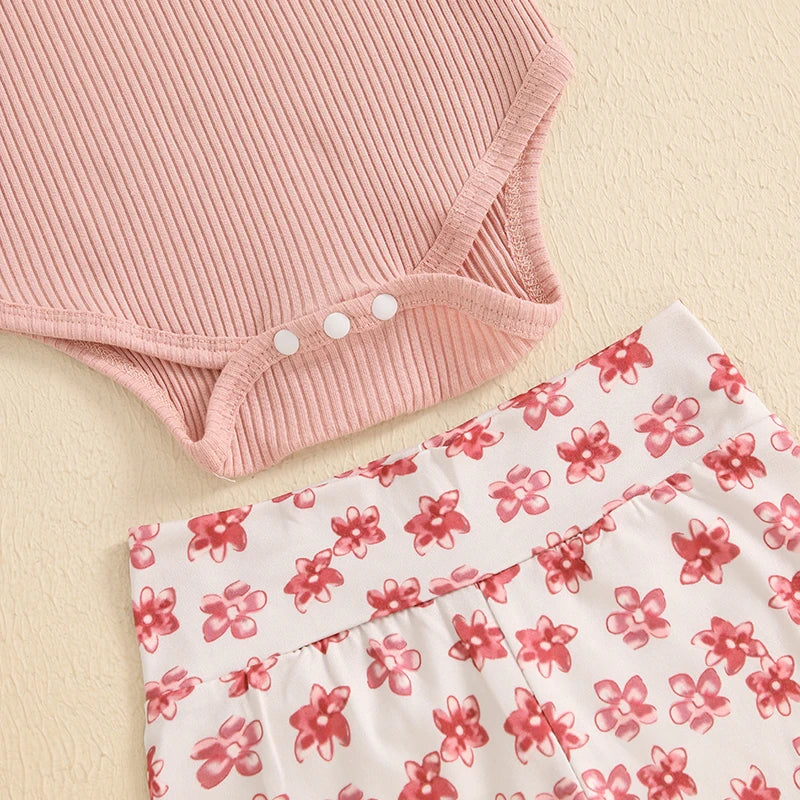 Girls Ribbed Ruffle Shoulder Top Floral Flare Pant Bow Set