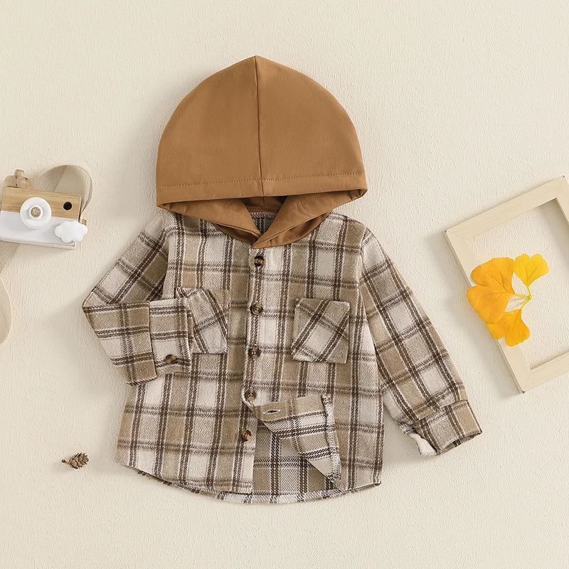 Boys Hooded Plaid Flannel Button Pocket Shirt