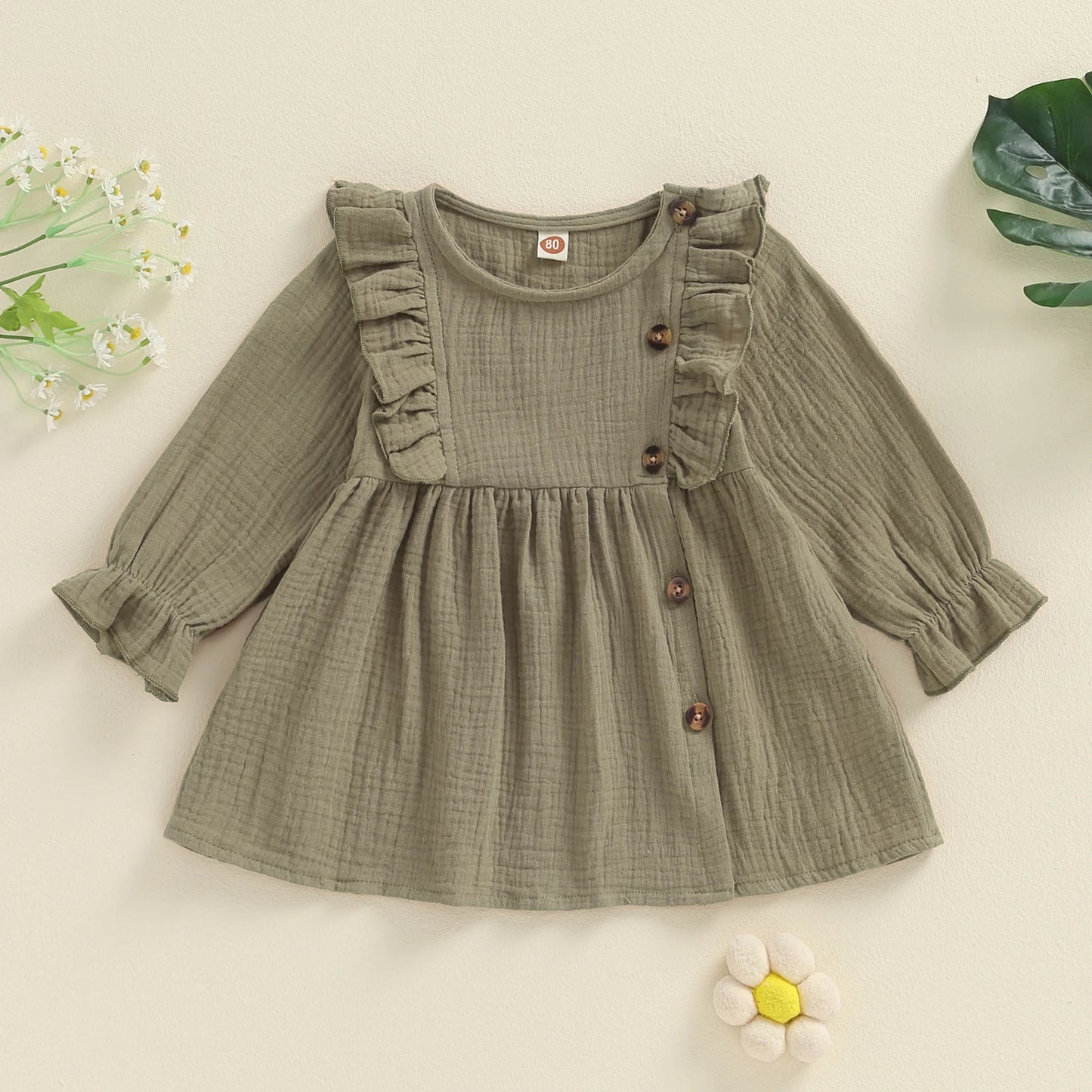 Girls Ruffle Shoulder Button Dress