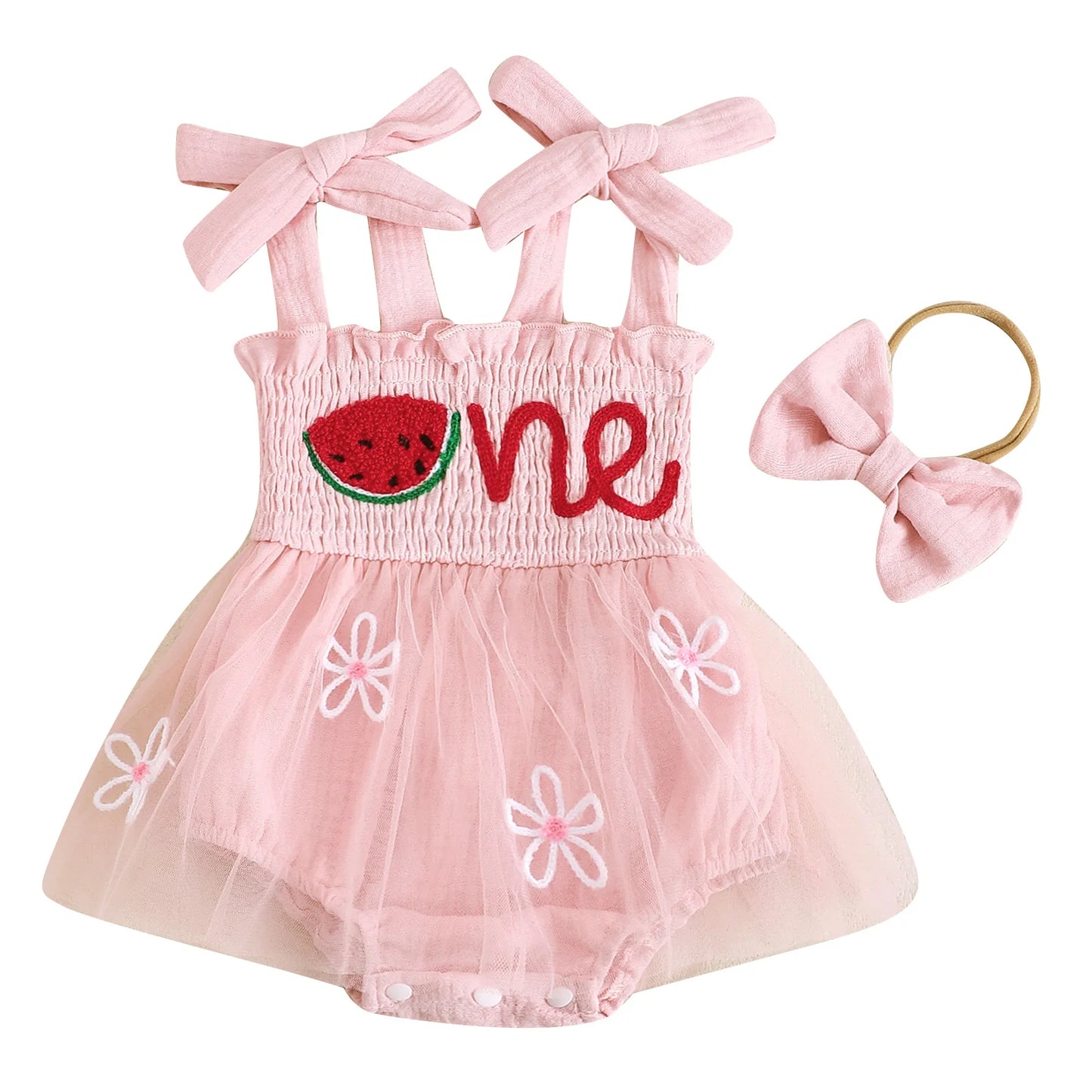 Girls "One" First Birthday Dress Bow Set