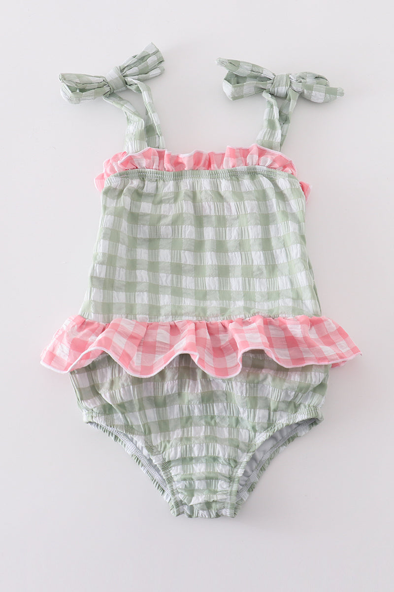 Girls Green Seersucker Gingham One-Piece Swimsuit