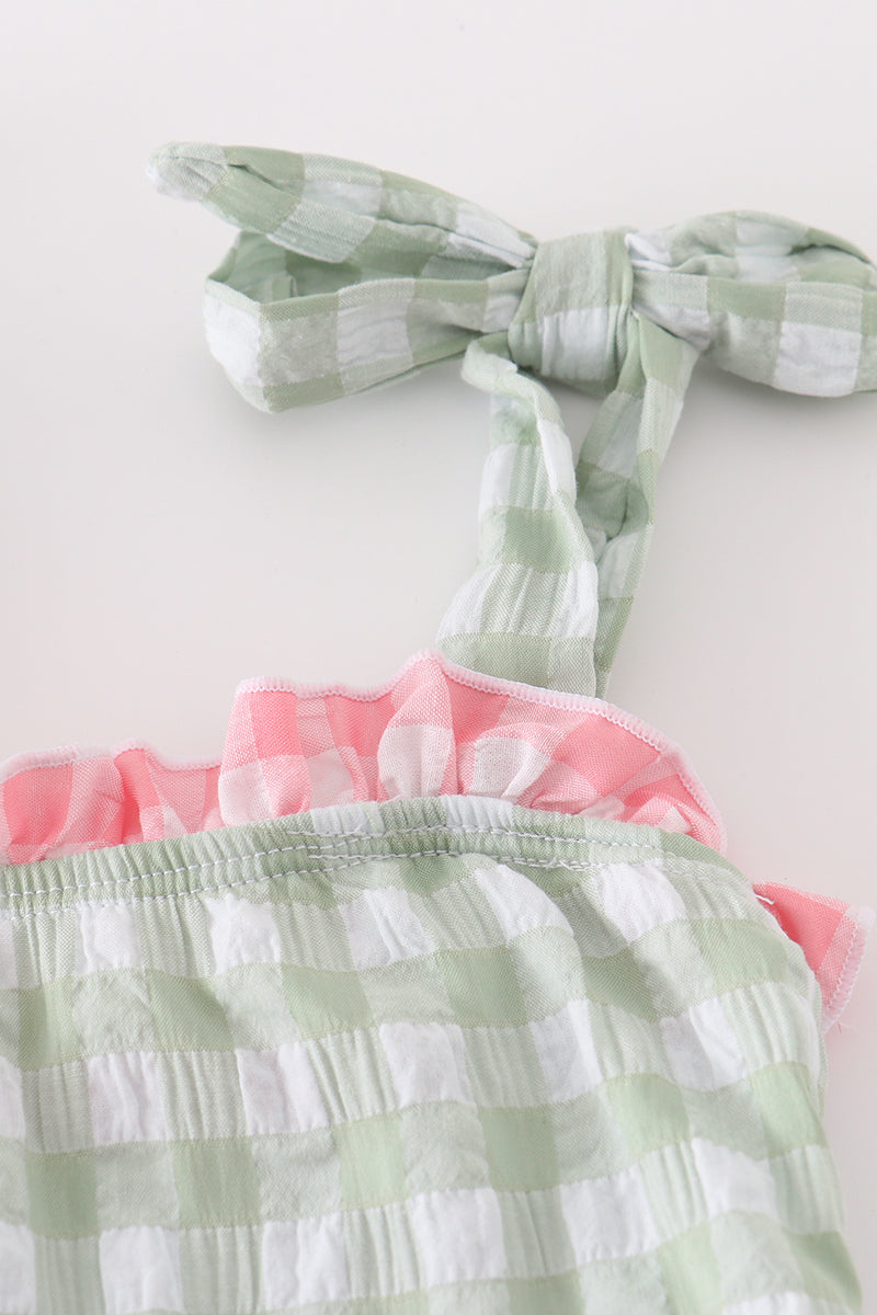 Girls Green Seersucker Gingham One-Piece Swimsuit