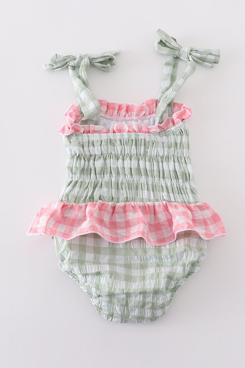 Girls Green Seersucker Gingham One-Piece Swimsuit
