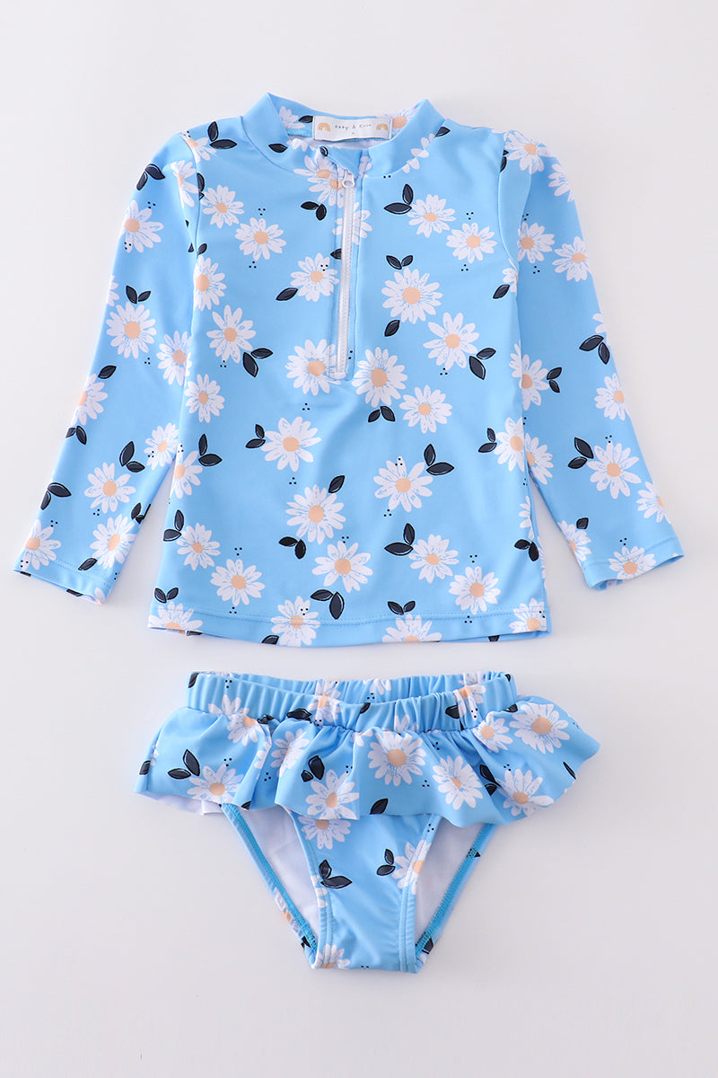 Girls Blue Daisy Print 2pc Swimsuit