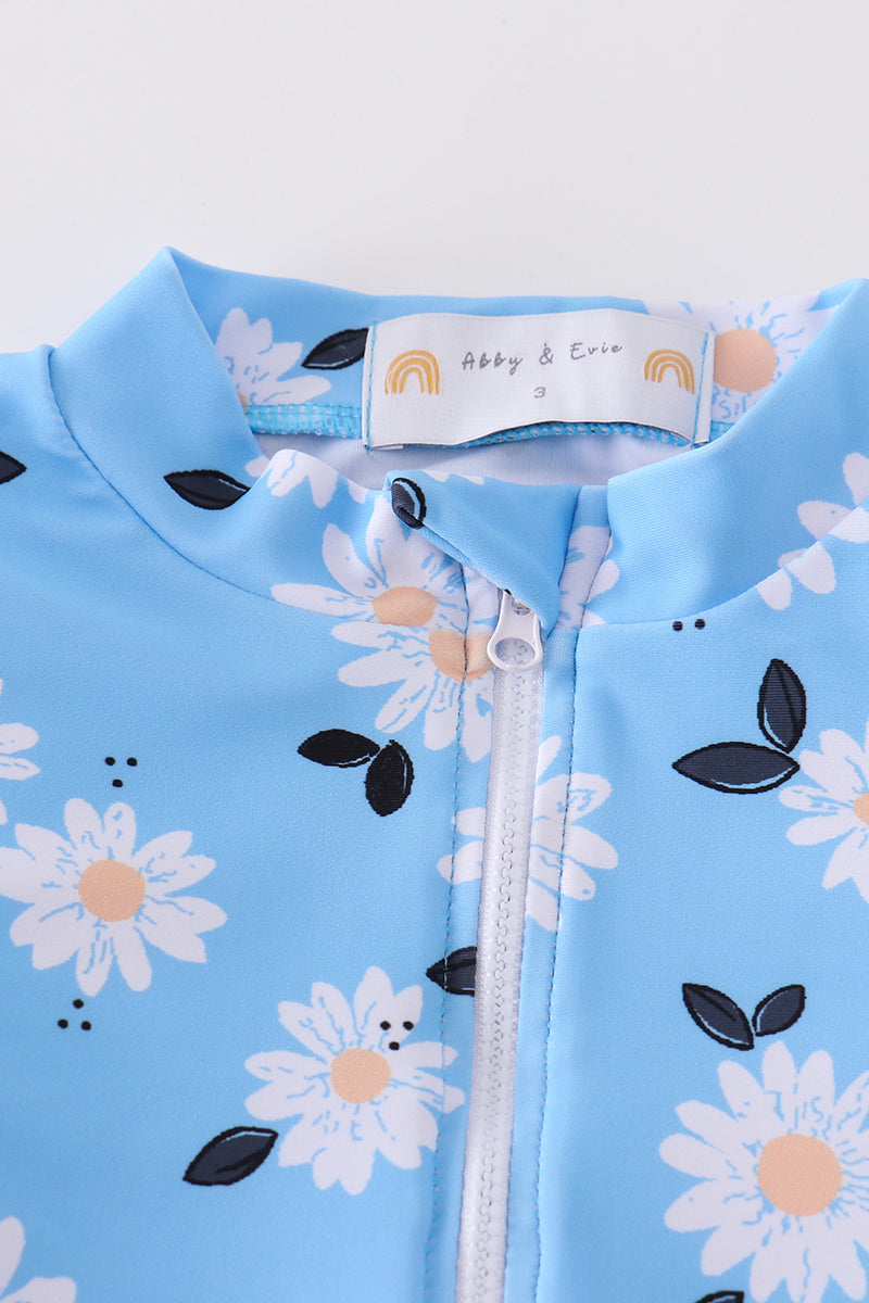 Girls Blue Daisy Print 2pc Swimsuit