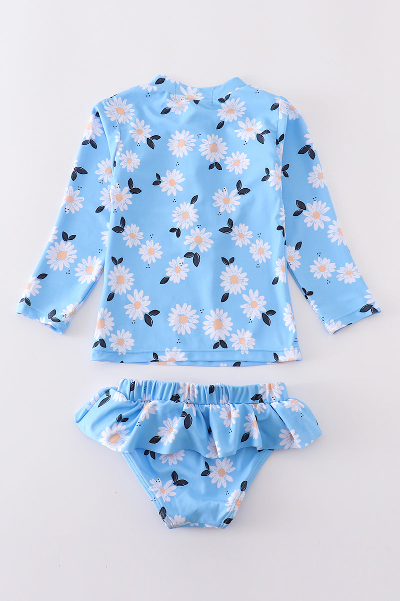 Girls Blue Daisy Print 2pc Swimsuit