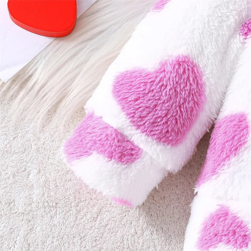 Girls Heart Print Plush Fleece Hoodie Pant Set