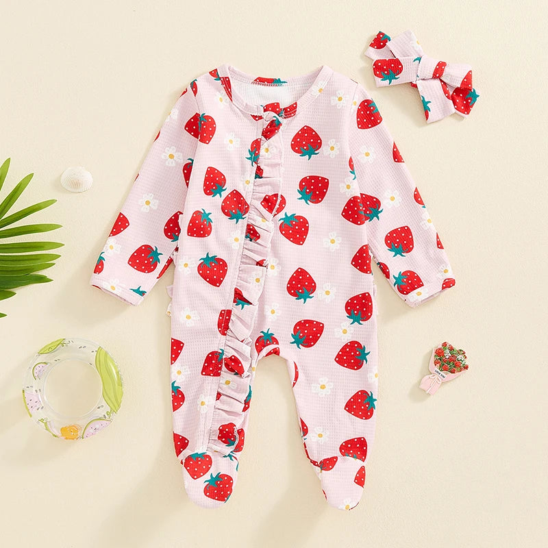 Baby Girls Flower Print Ruffled Zip Footie Pajamas Bow Set