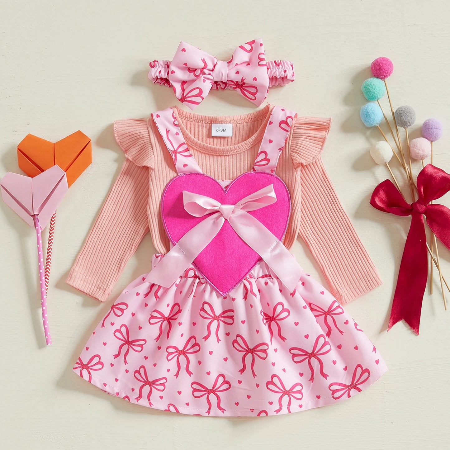 Girls Ribbed Ruffle Sleeve Heart Bear or Bow Print Suspender Skirt Bow Set