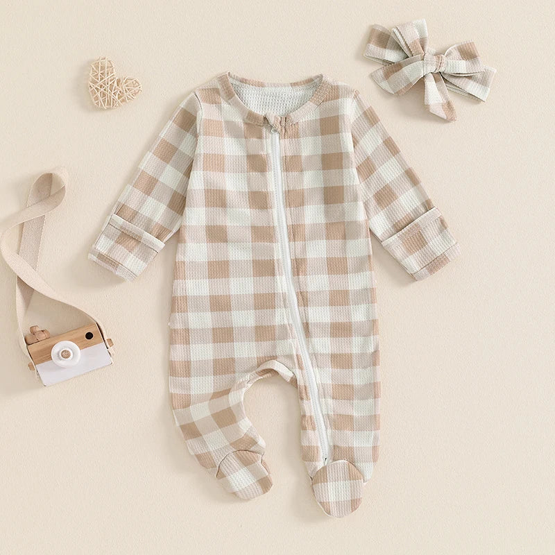 Girls Waffle Knit Plaid Ruffle Zip Footie Pajama Bow Set