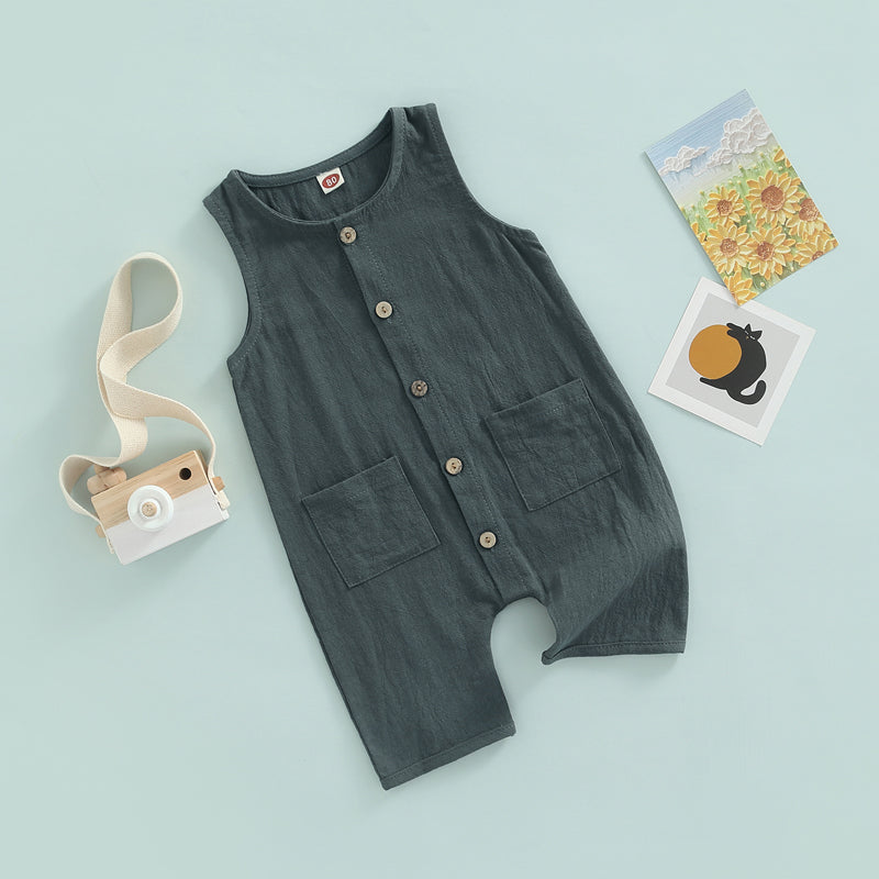 Sleeveless Pocket Button Romper, Unisex