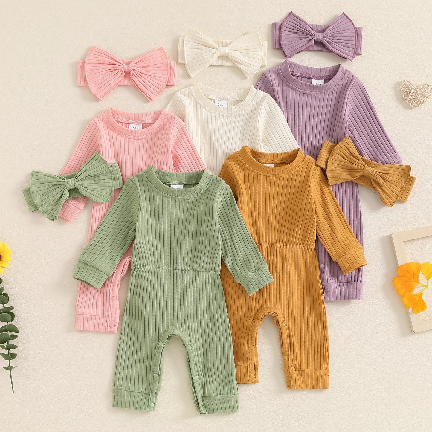 Girls Ribbed Jumpsuit Bow Headband Set