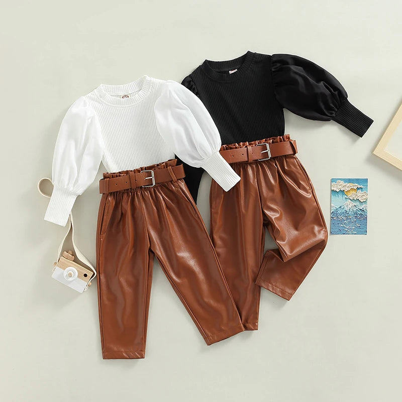 Girls Puff Sleeve Ribbed Tops Faux Leather Pants and Belt Set