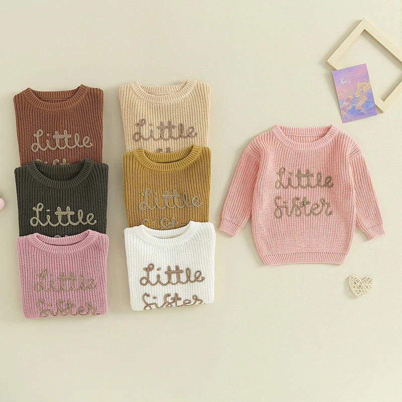 Girls Embroidered Little Sister Script Knit Sweater