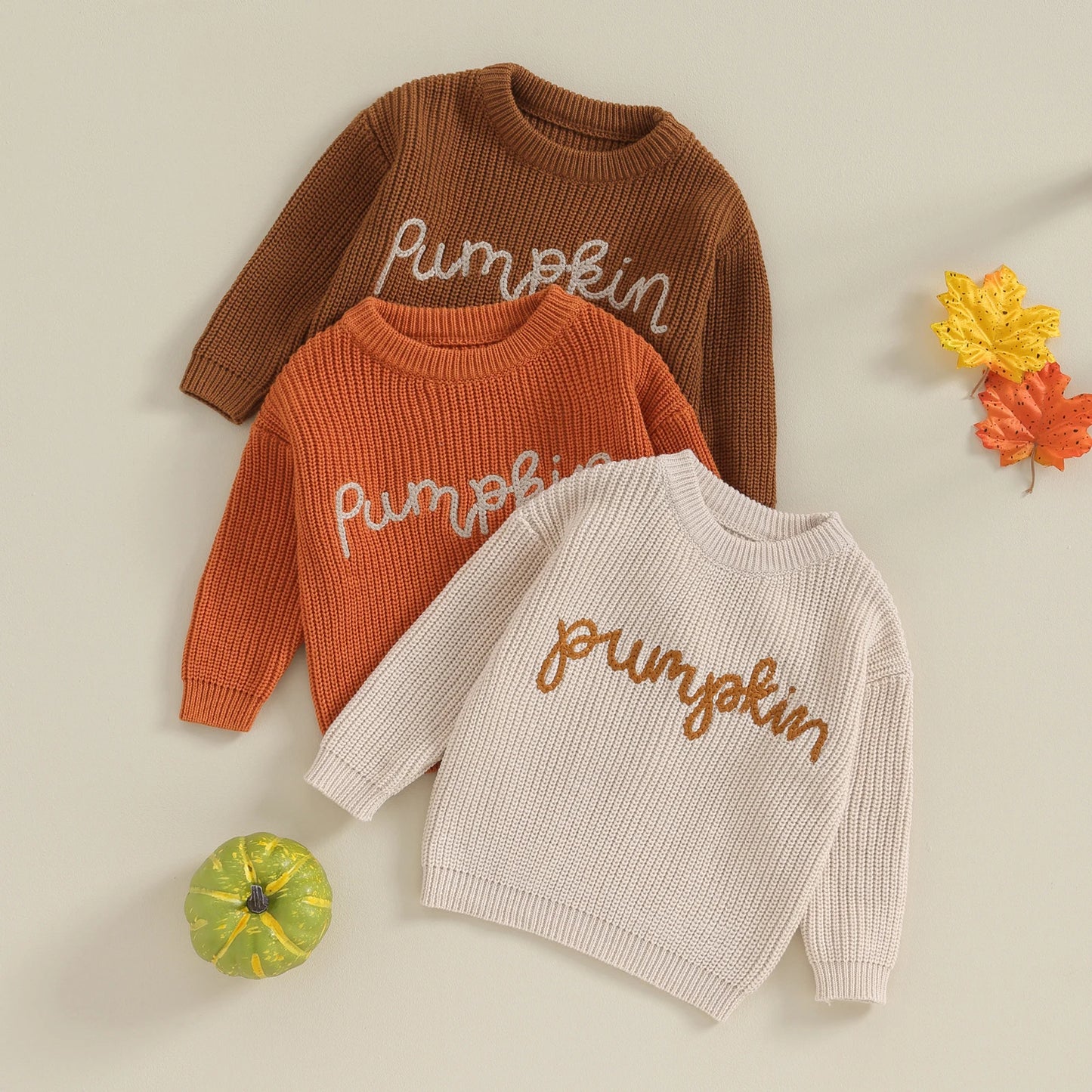 Solid Embroidered Pumpkin Script Knit Sweater, Unisex