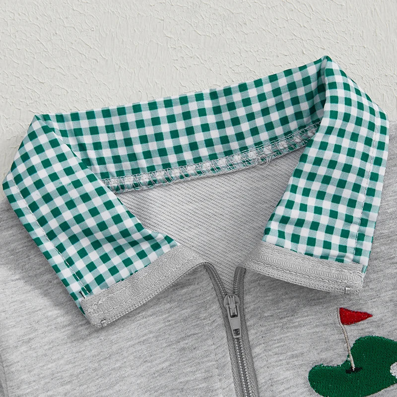Plaid Collar Embroidered Golf Quarter Zip Jacket, Unisex