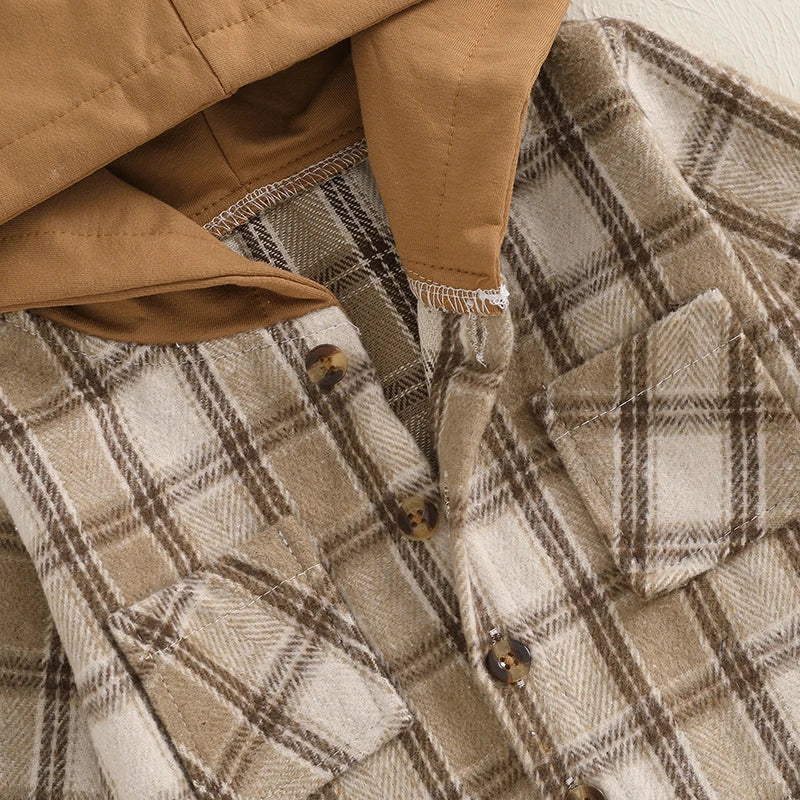 Boys Hooded Plaid Flannel Button Pocket Shirt