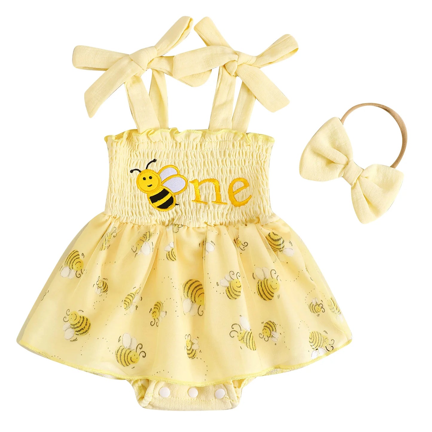 Girls "One" First Birthday Dress Bow Set