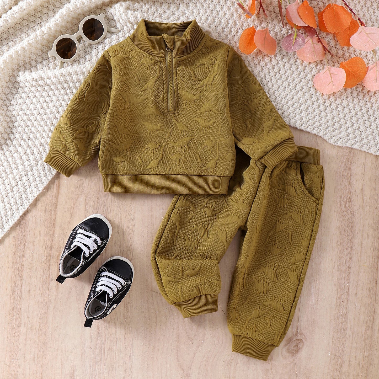 Boys Dinosaur Knit Half-Zip Jacket Pant Set