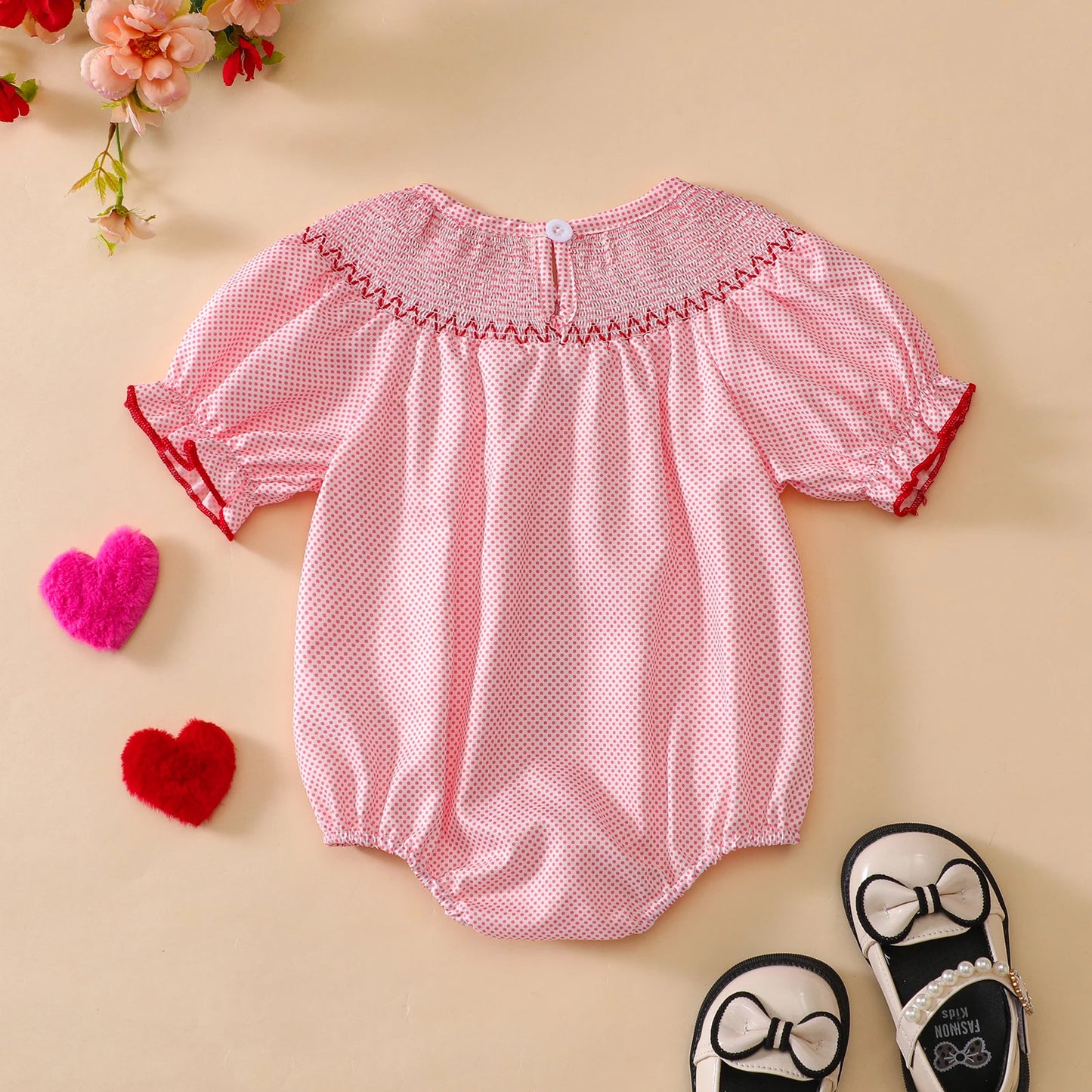 Girls Embroidered Heart Polka Dot Bubble, Pink